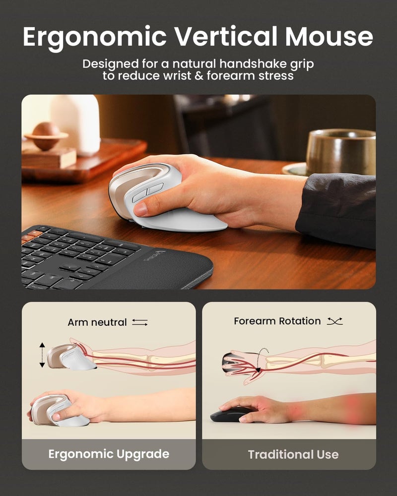 ProtoArc Ergonomic Mouse, EM11 NL Bluetooth Rechargeable Wireless Vertical Mouse, 3 Multi-Device Connectivity for Computer/PC/Laptop, 2.4GHz Optical Mice for Windows, Mac OS, White Gold - Image 5